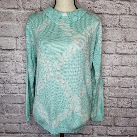 Domani Vintage Sweater Aqua White Grannycore Kawaii Collared Braid Pattern - Picture 3 of 8